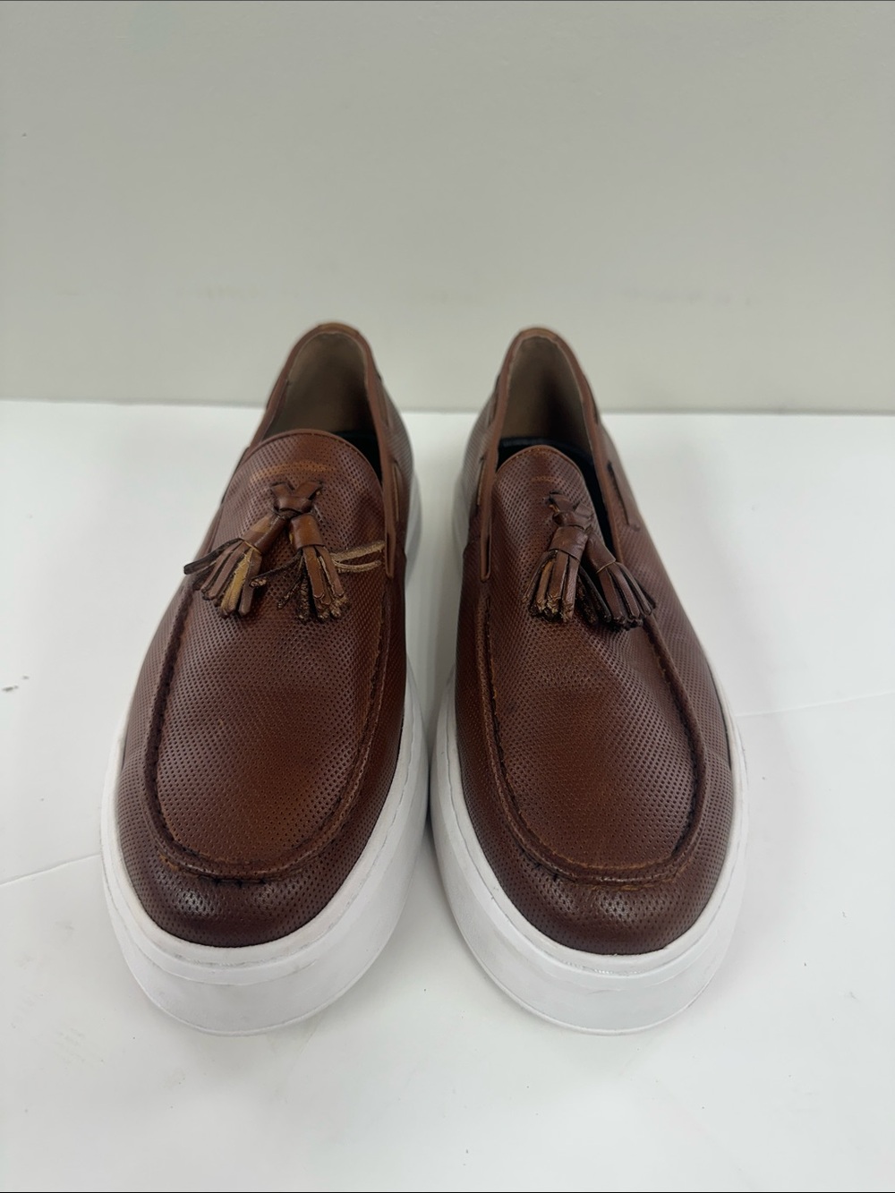 Men's Brown Leather Tassel Slip-On Loafers with White Sole